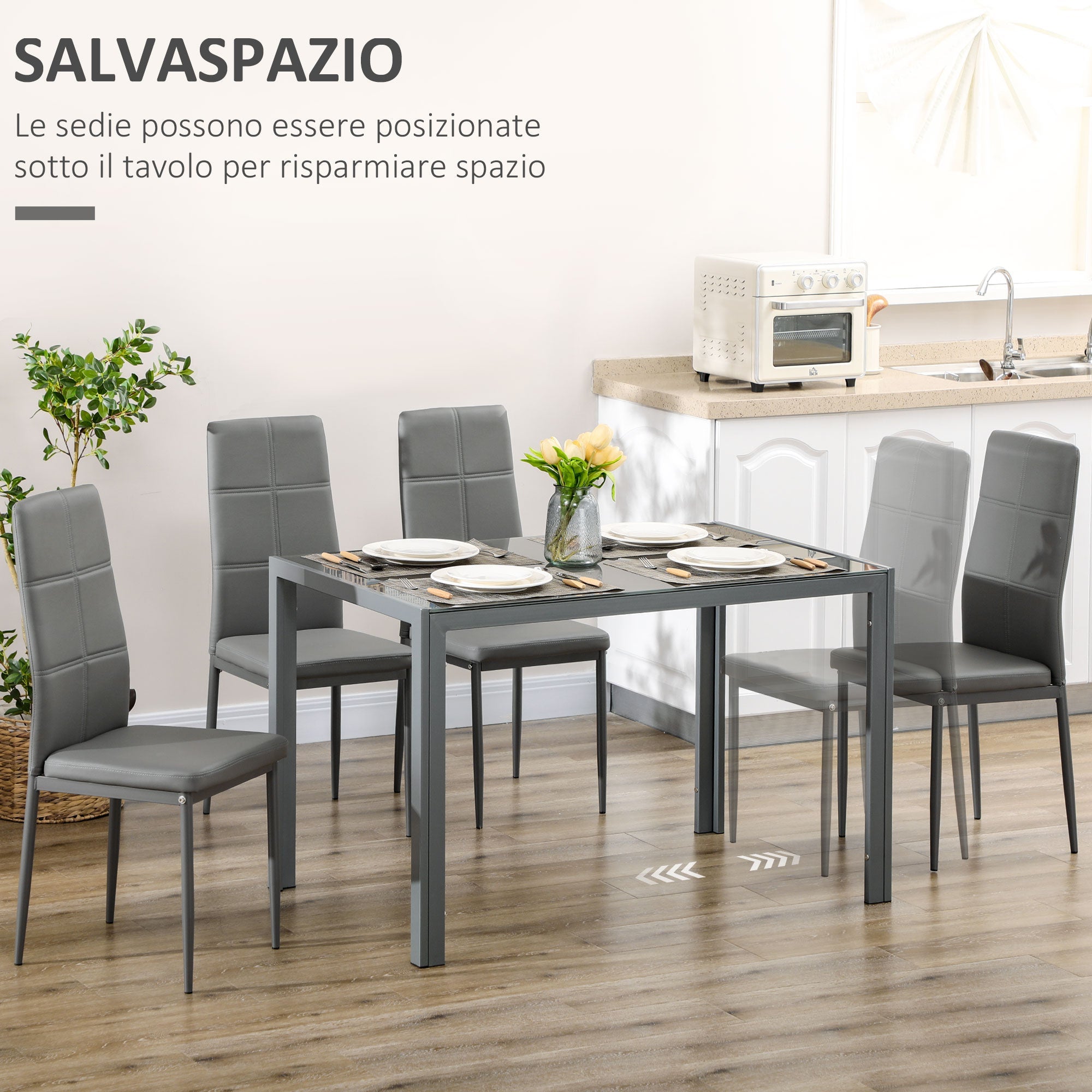Set da Pranzo Tavolo e 4 Sedie in Similpelle Top in Vetro Temperato Grigio