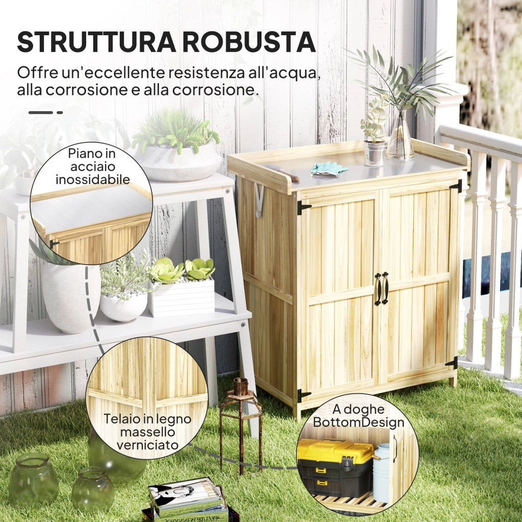 Armadietto da Esterno, Capanno Porta Attrezzi con Mensola, in Legno con 2 Ante per Giardino, Patio, Color Legno