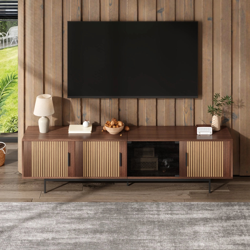 Mobile TV con texture intagliata, barra LED e anta in vetro temperato
