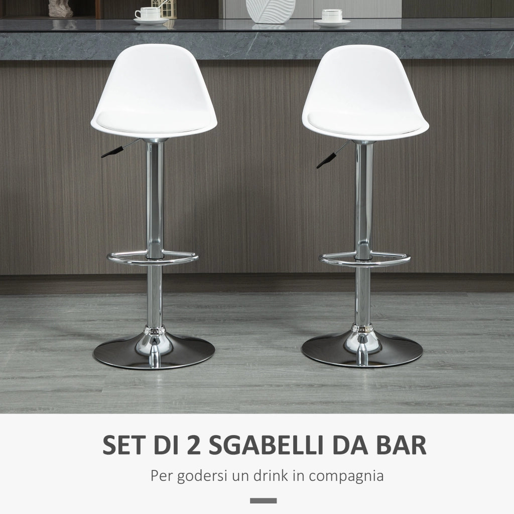 Easycomfort Set 2 Sgabelli da Cucina di Design Girevoli con Schienale, Poggiapiedi e Altezza Regolabile, in Similpelle e PP, Base in Acciaio, 38x42x82-104cm, Bianco