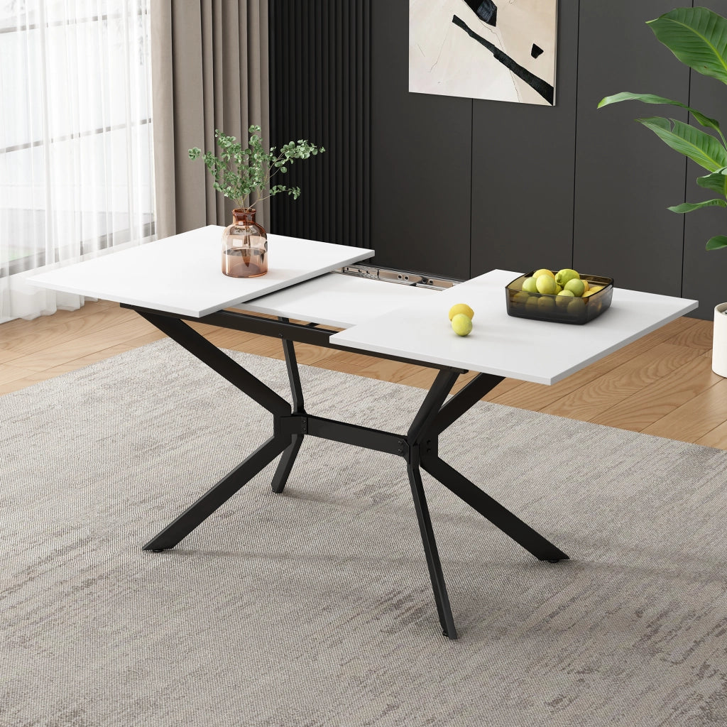 Tavolo da pranzo rettangolare allungabile con gambe in metallo nero; piano bianco per 4-6 persone