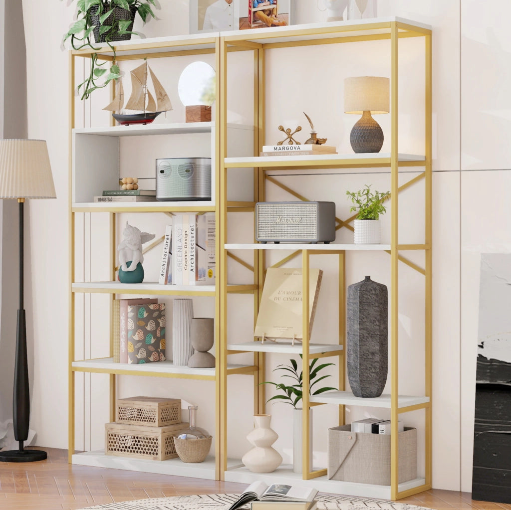 Libreria 160x29，5x180 cm in MDF e metallo oro e bianco