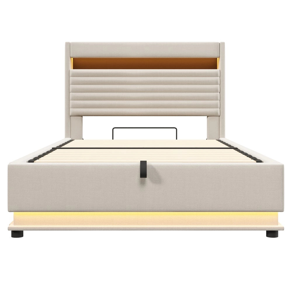 Letto Imbottito Contenitore con LED e USB ¨C MINIMAL ¨C Tessuto Beige 140x200