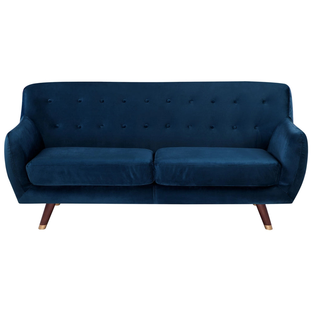 Divano in velluto blu navy a 3 posti con schienale capitonnè imbottito con gambe in legno