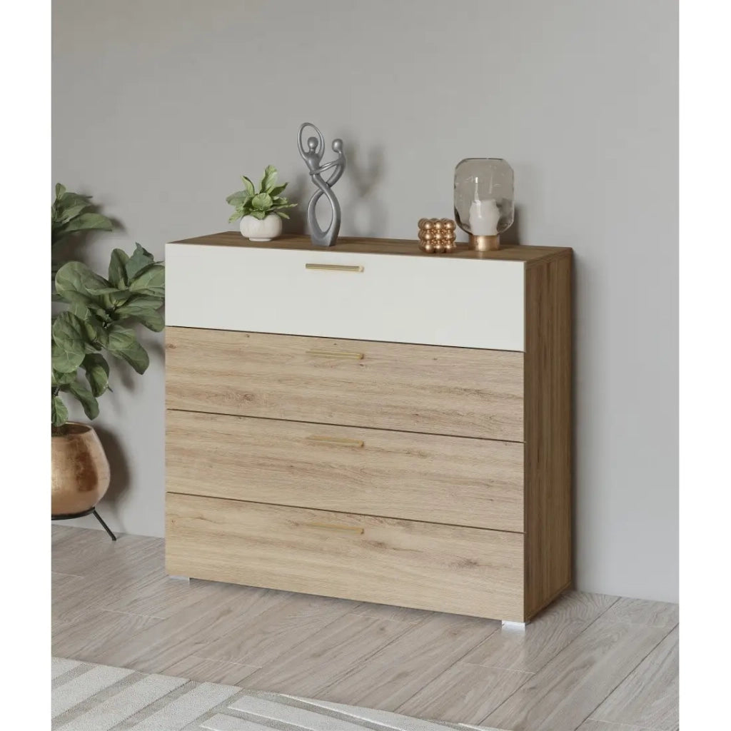 Cassettiera VERTIGO – 4 cassetti – Rovere selvaggio e beige sabbia – Maniglie dorate