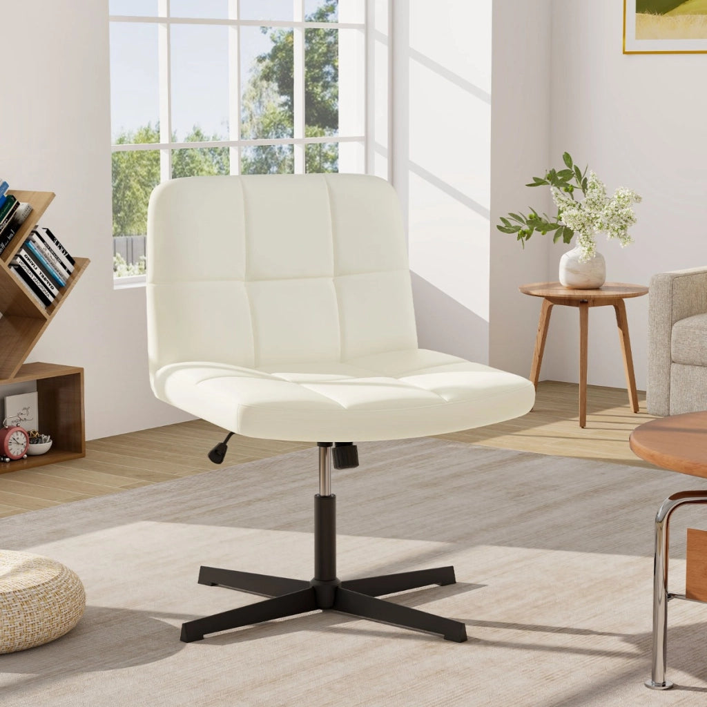 Sedia a crociera a gambe incrociate rivestita in pelle PU con seduta a u spaziosa, Sedia da ufficio girevole Beige-Sedie da ufficio