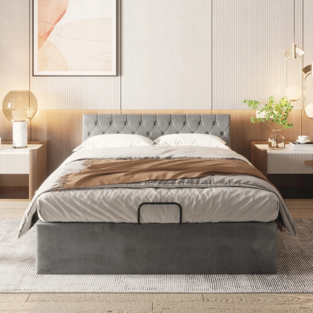Letto imbottito 140x200 - Xylo - Grigio, meccanismo idraulico
