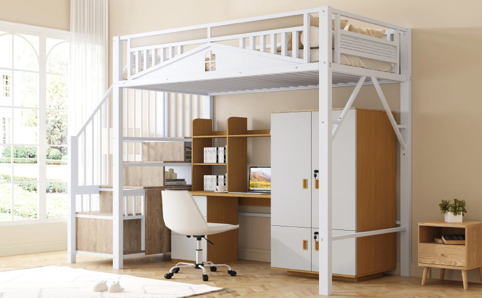 Letto a castello metallo e legno bianco con funzione contenitore 90x200 cm