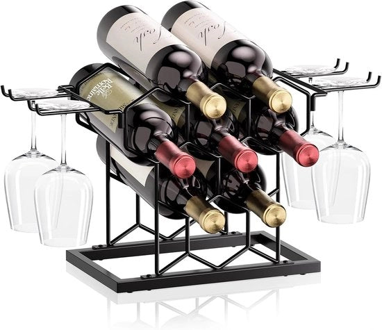 Rack per bottiglie di vino, per 8 bottiglie standard, Supporto per bottiglie di vino indipendente a sei facce, Adatto per cantine e armadietti, Nero