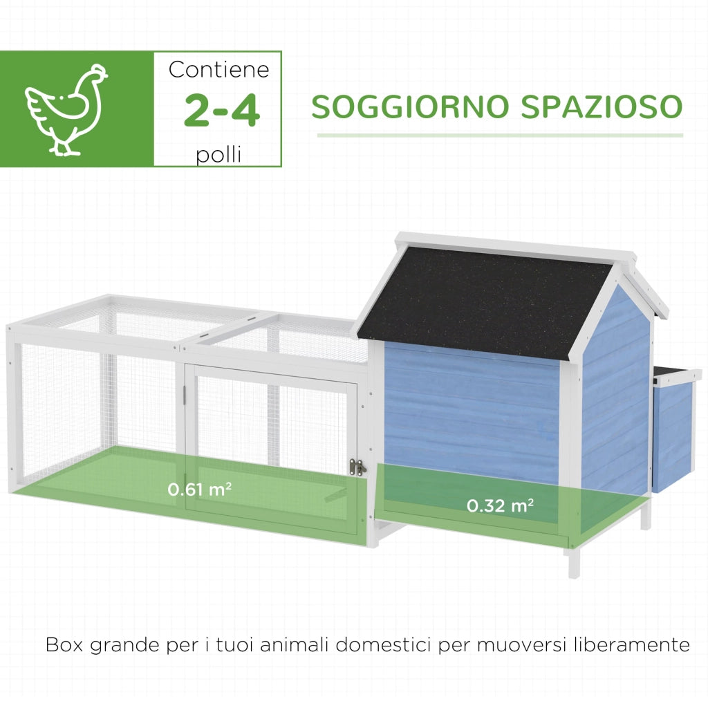 Pollaio per Galline con Corsa Vassoio di Nidificazione Rimovibile in Legno Bianco e Blu 180x90.1x78.6 cm