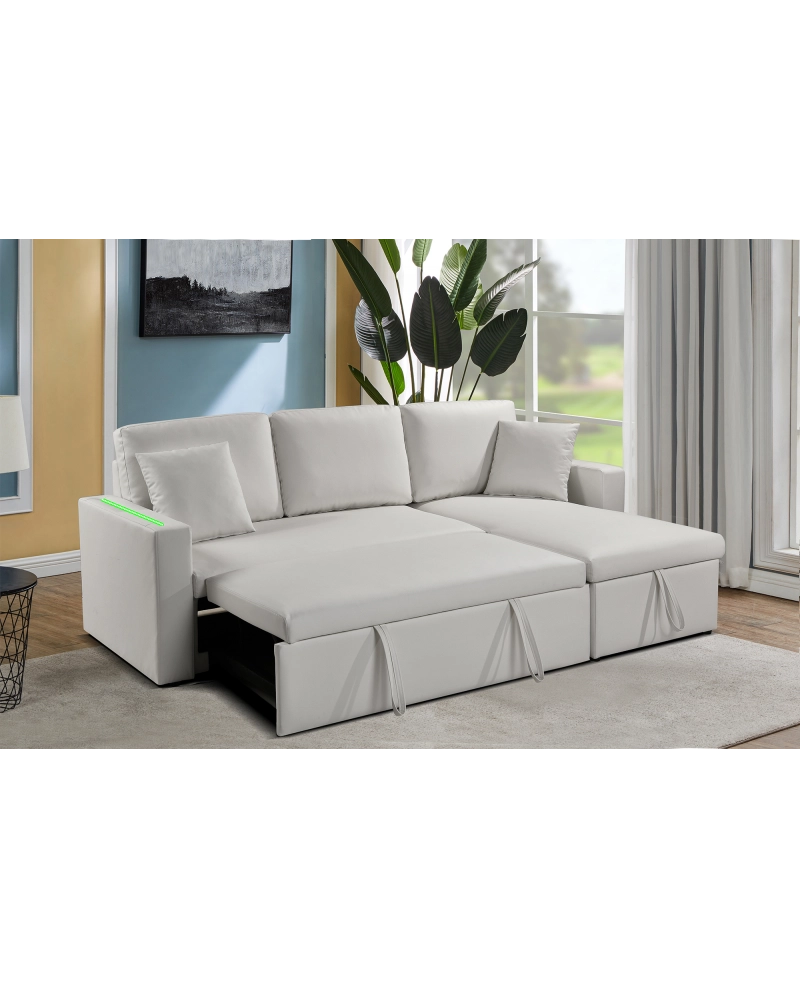 Divano letto contenitore, reversibile angolare, led, ecopelle bianco chaise longue Sicorage Tuky