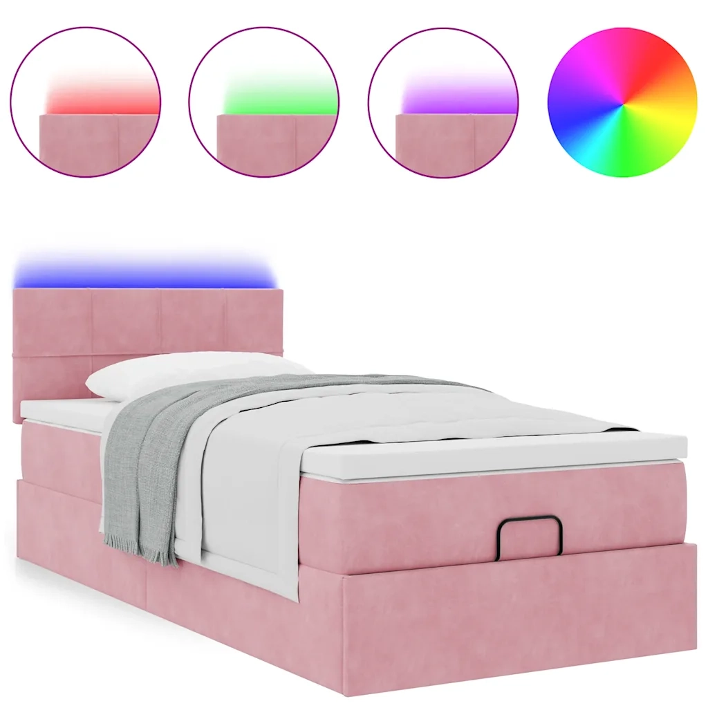 Pouf Letto con Materasso e LED Rosa 80x200cm in Velluto