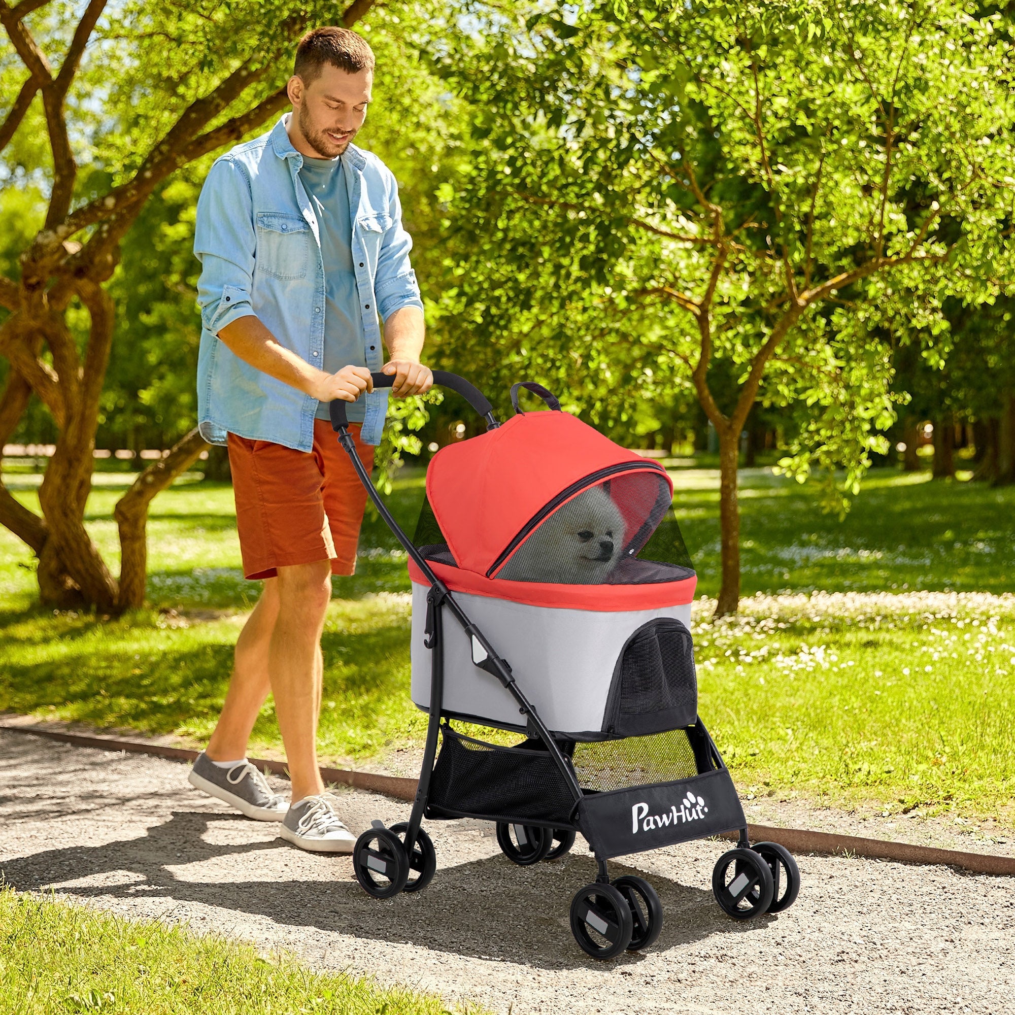 Passeggino per Cani Pieghevole 82x49,5x98 cm con Tettuccio Rosso