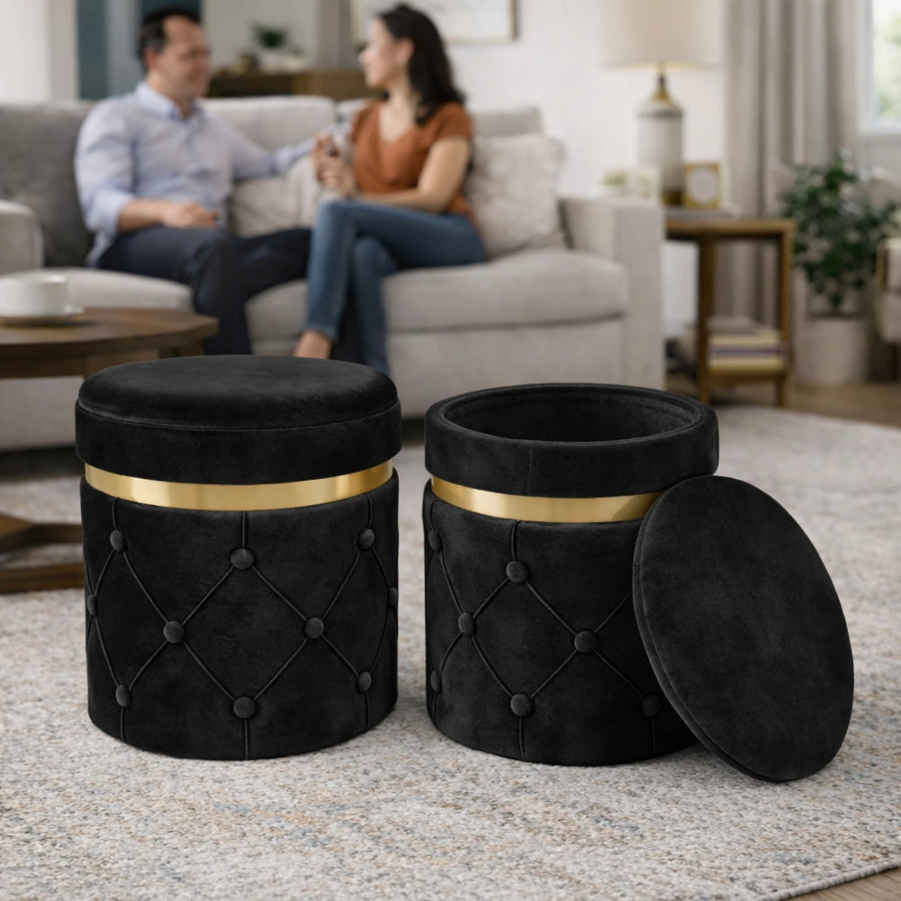 Set 2 Pouf Contenitori Nero in Velluto con Design Trapuntato 38x44cm 31x38cm