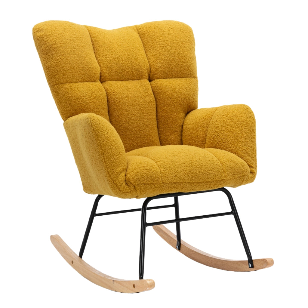 OKWISH Poltrona a Dondolo, Schienale Alto Ergonomico e Braccioli Imbottiti, Base in Legno e Metallo, Teddy Giallo 80 x 70 x 95 cm
