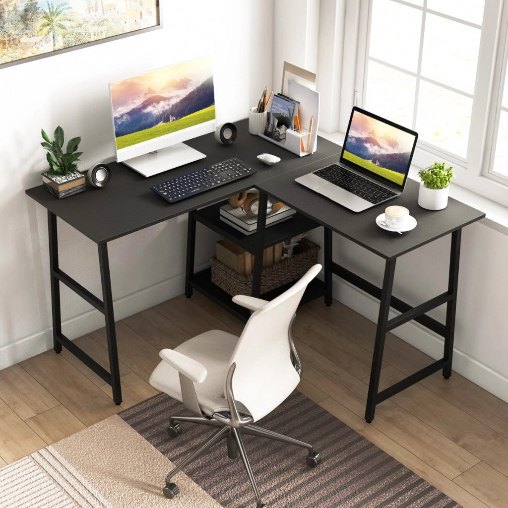 Scrivania angolare da 120cm con prese di corrente e porte USB ripiani per lavoro-Scrivania a L per ufficio Nero