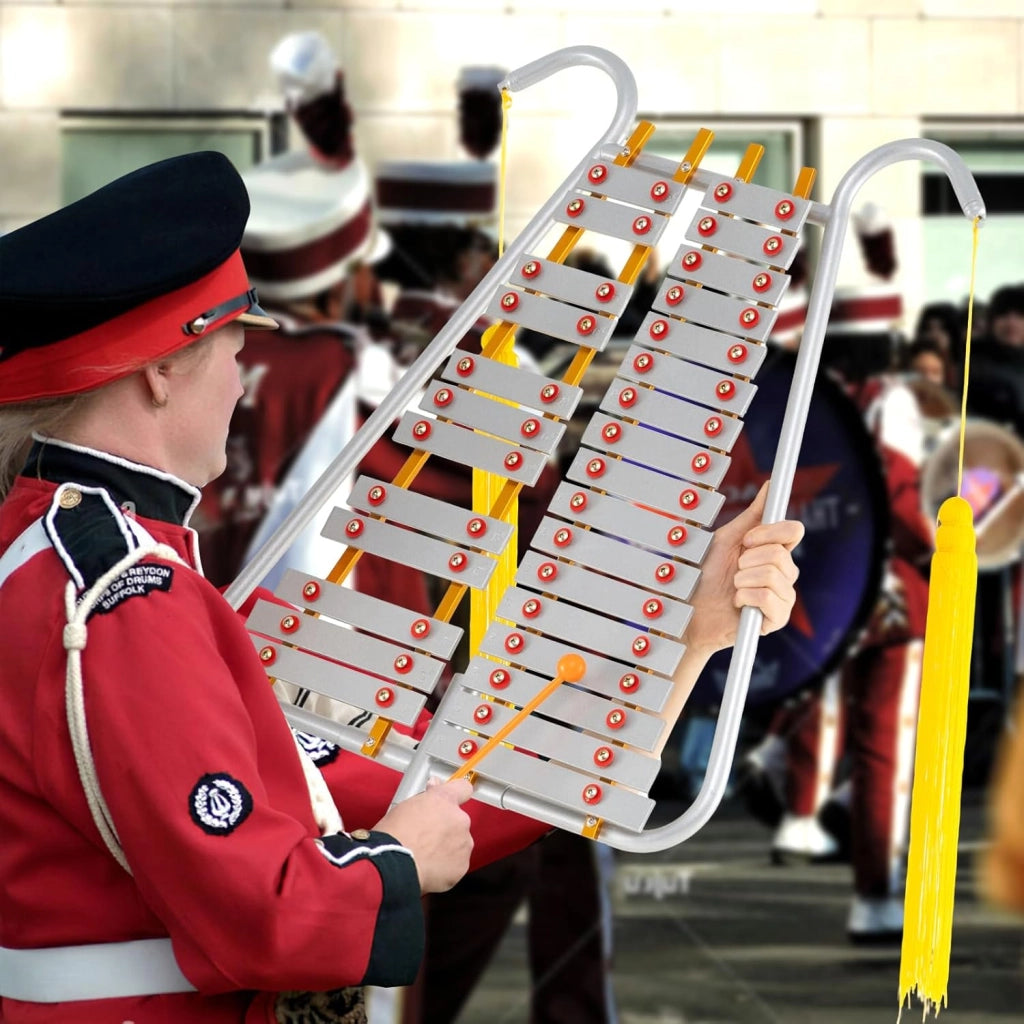 Glockenspiel 29 Note, Chime in alluminio con manico regolabile, strumento di percussione con 2 mazzi e cintura, Xilofono musicale per principianti e professionisti