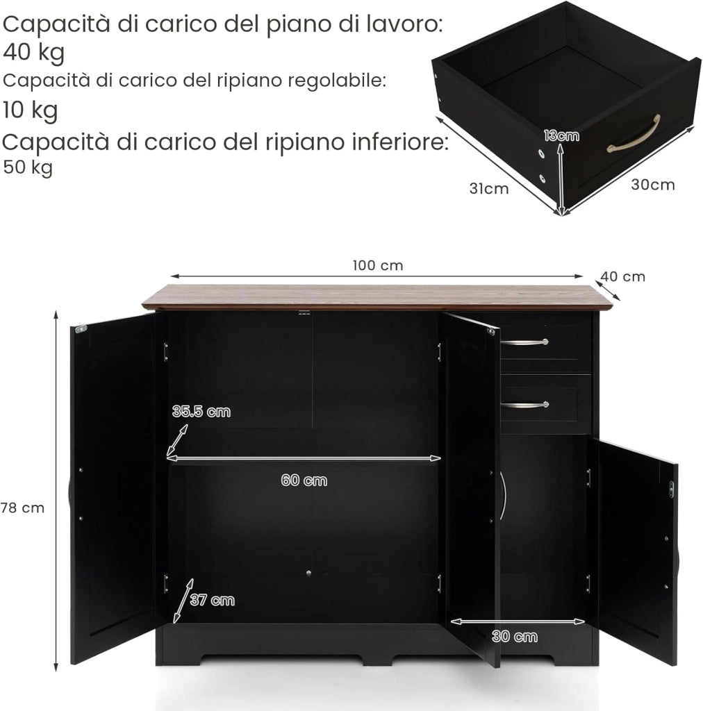 Credenza Cucina Multiuso e Moderno, Madia da Cucina con 2 Armadi, Ante e 2 Cassetti, Mobile Dimpensa Portaoggetti per Sala da Pranzo, Soggiorno, 100 x 40 x 78 cm (Nero)