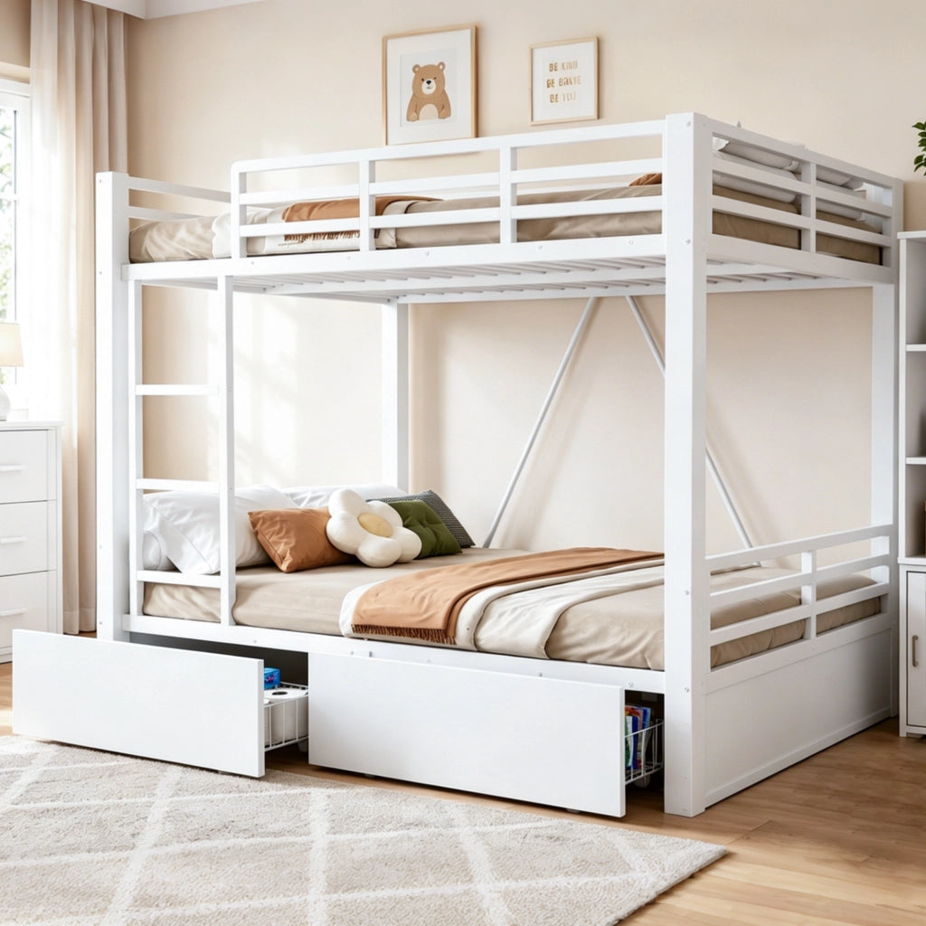 Letto a castello in metallo 140x200 cm con cassetti, scala e sponde di sicurezza, bianco