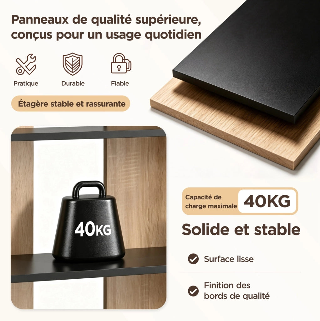 Libreria aperta a 5 ripiani 160x135x25 cm in pannello truciolare naturale e nero