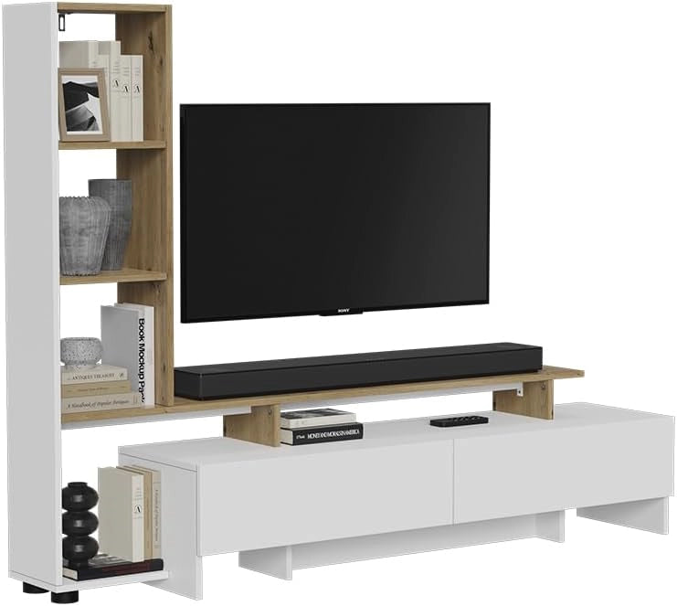 Mobile tv Tavora, Bianco/quercia, 168.2 x 120 cm con 2 cassetti, per l'utilizzo come mobile TV con ripiani aperti