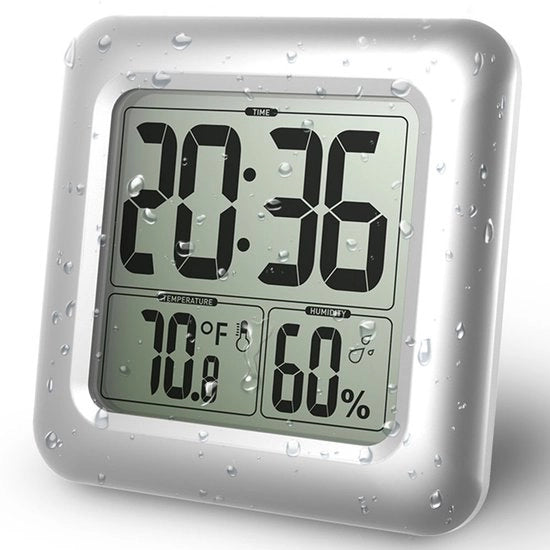 Wandocchio grande per bagno e doccia, grande schermo LCD, termometro e igrometro digitale idroresistente per interni ed esterni, orologio da parete facile da leggere per anziani, attacco da parete, base da tavolo (argento)