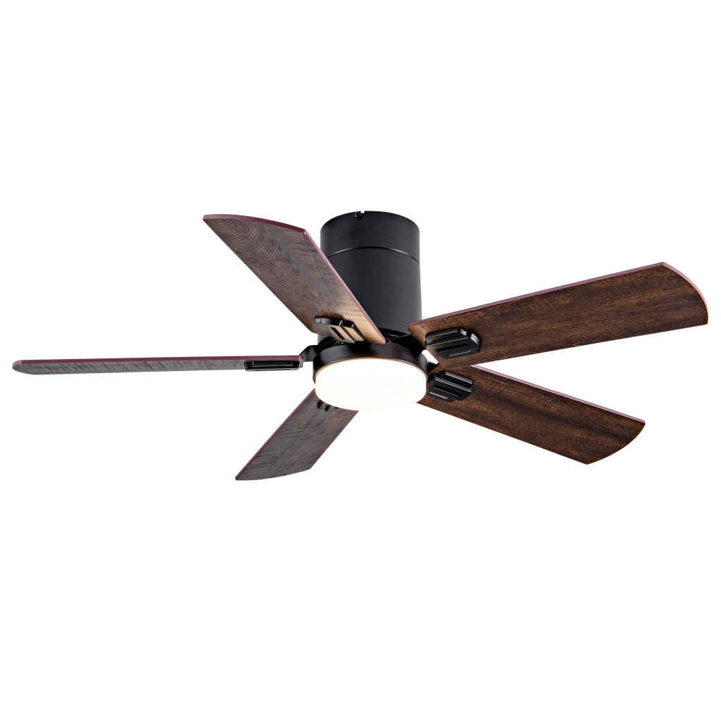 Ventilatore da soffitto a basso profilo con LED dimmerabile e telecomando; nero e noce scuro