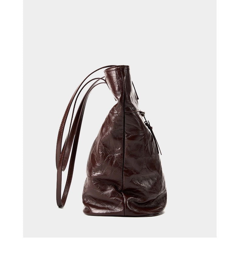Borsa a secchiello da donna in pelle di vacchetta, grande capacit¨¤, stile retr¨°, borsa a tracolla, marrone