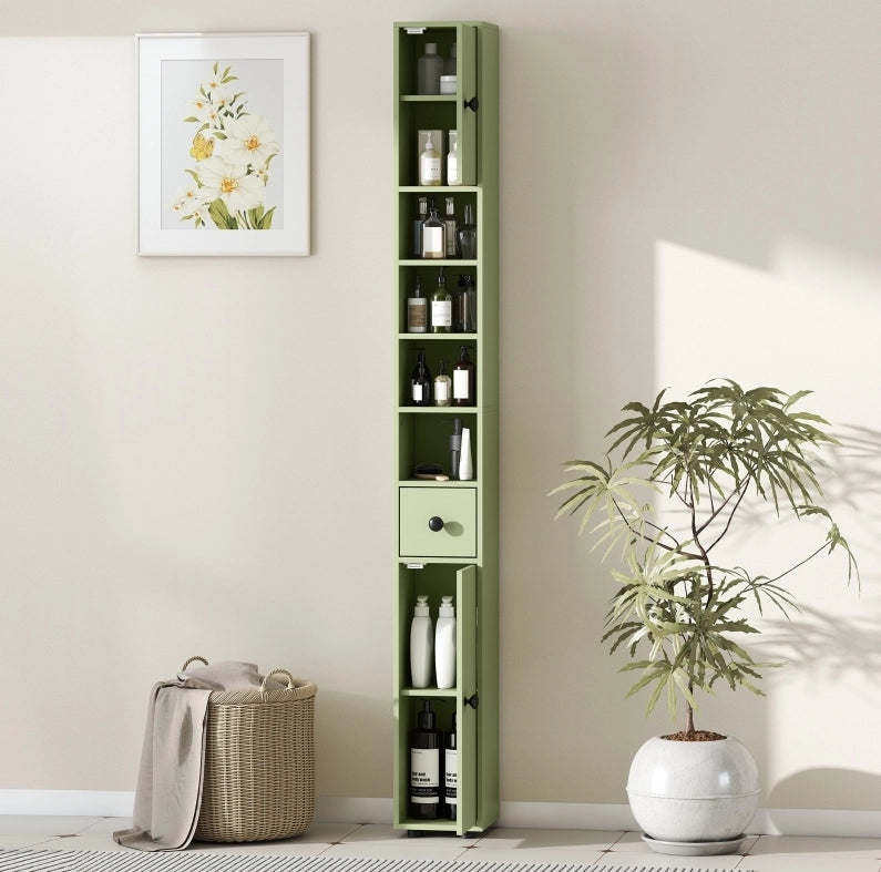Mobile da bagno stretto verde con cassetto e 4 ripiani aperti 180x20x20 cm