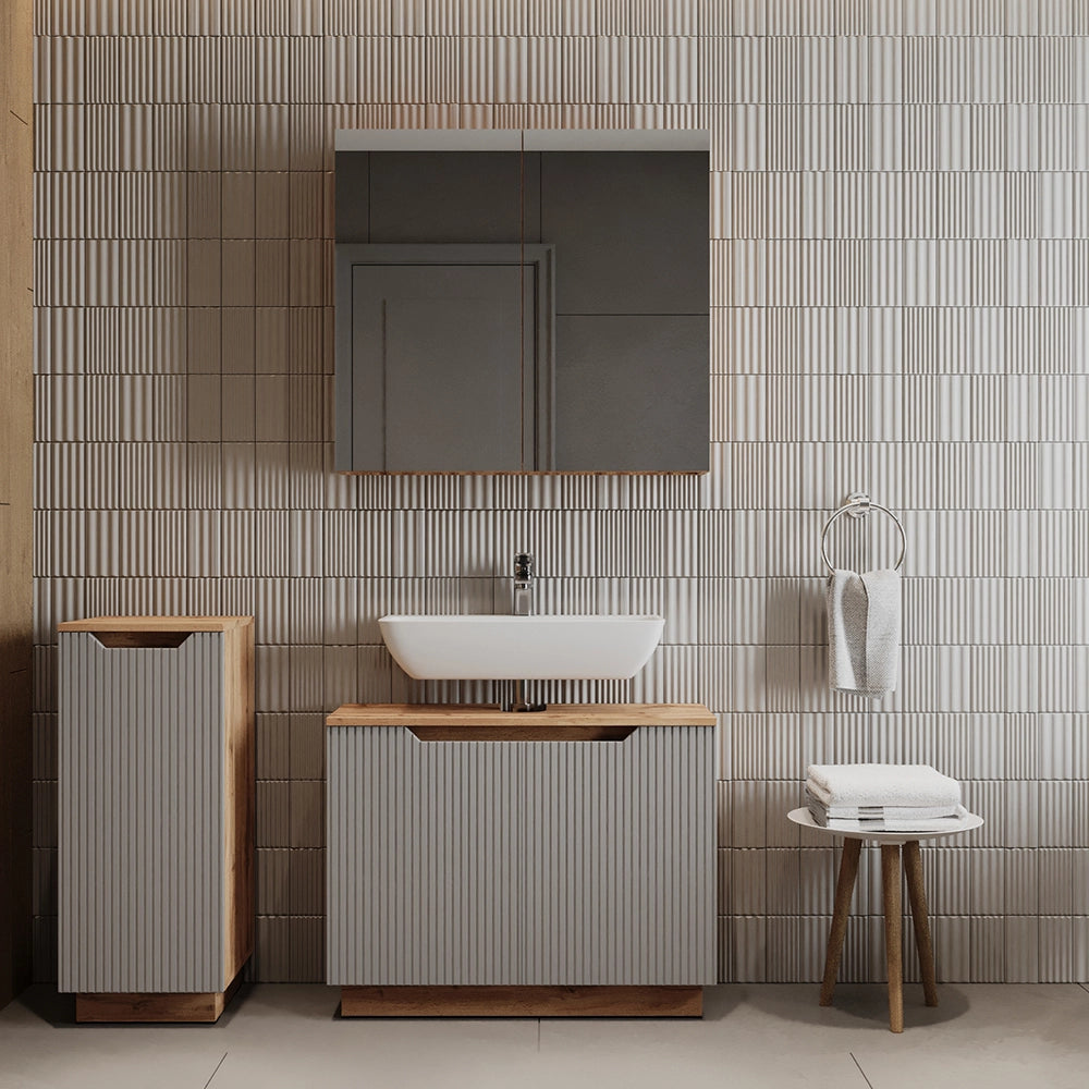 Vicco Set di mobili da bagno Rovere/grigio a righe 3 parti