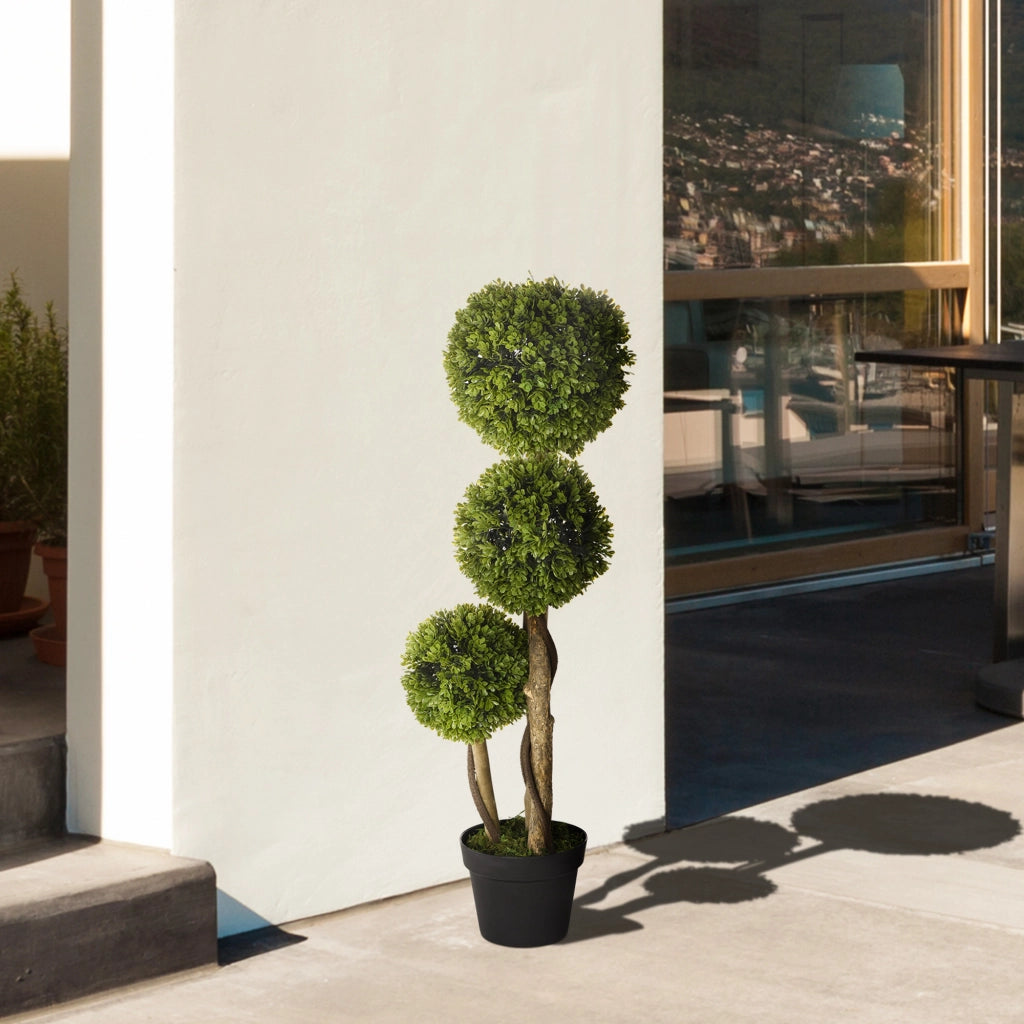 EasyComfort Pianta di Bosso Artificiale a 3 Sfere con Vaso Incluso e Fondo Rinforzato, Altezza 90 cm