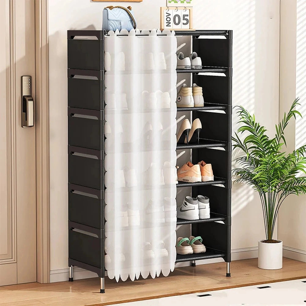 Trade Shop - Scarpiera Salvaspazio A 7 Ripiani Con Tenda Copripolvere Installazione Semplice Ripostigli -