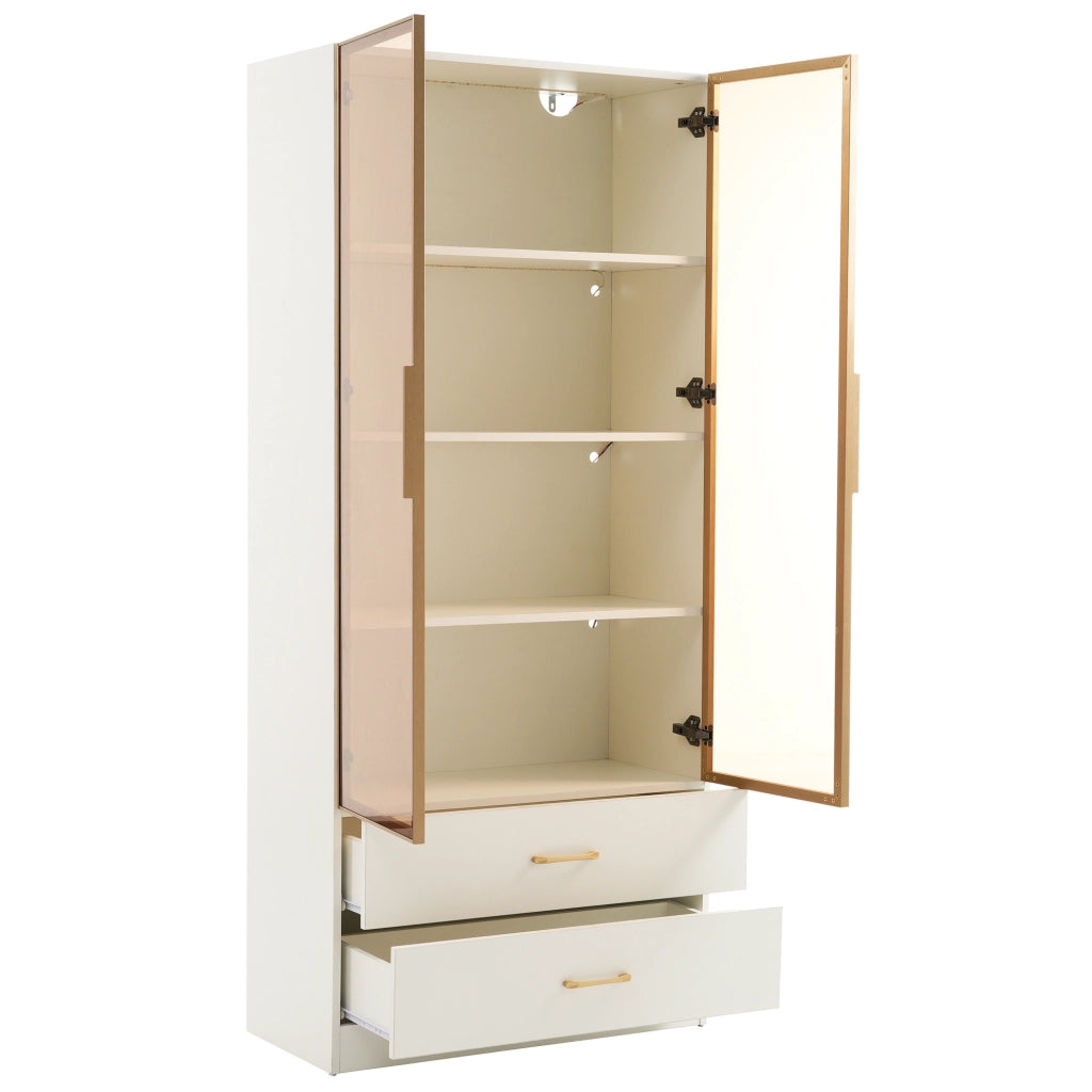 Mobile bagno alto in MDF bianco con vani aperti; ante e vetro temperato