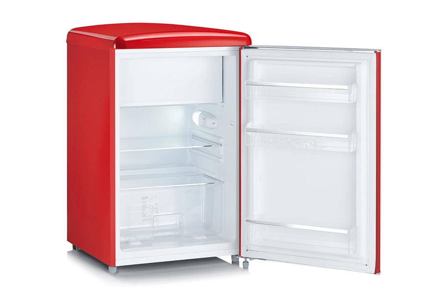 Severin rks 8830 mini frigorifero retrò 108l, frigorifero piccolo e silenzioso con diversi scomparti, congelatore 13l e portabottiglie, 37 db, classe energetica d, rosso