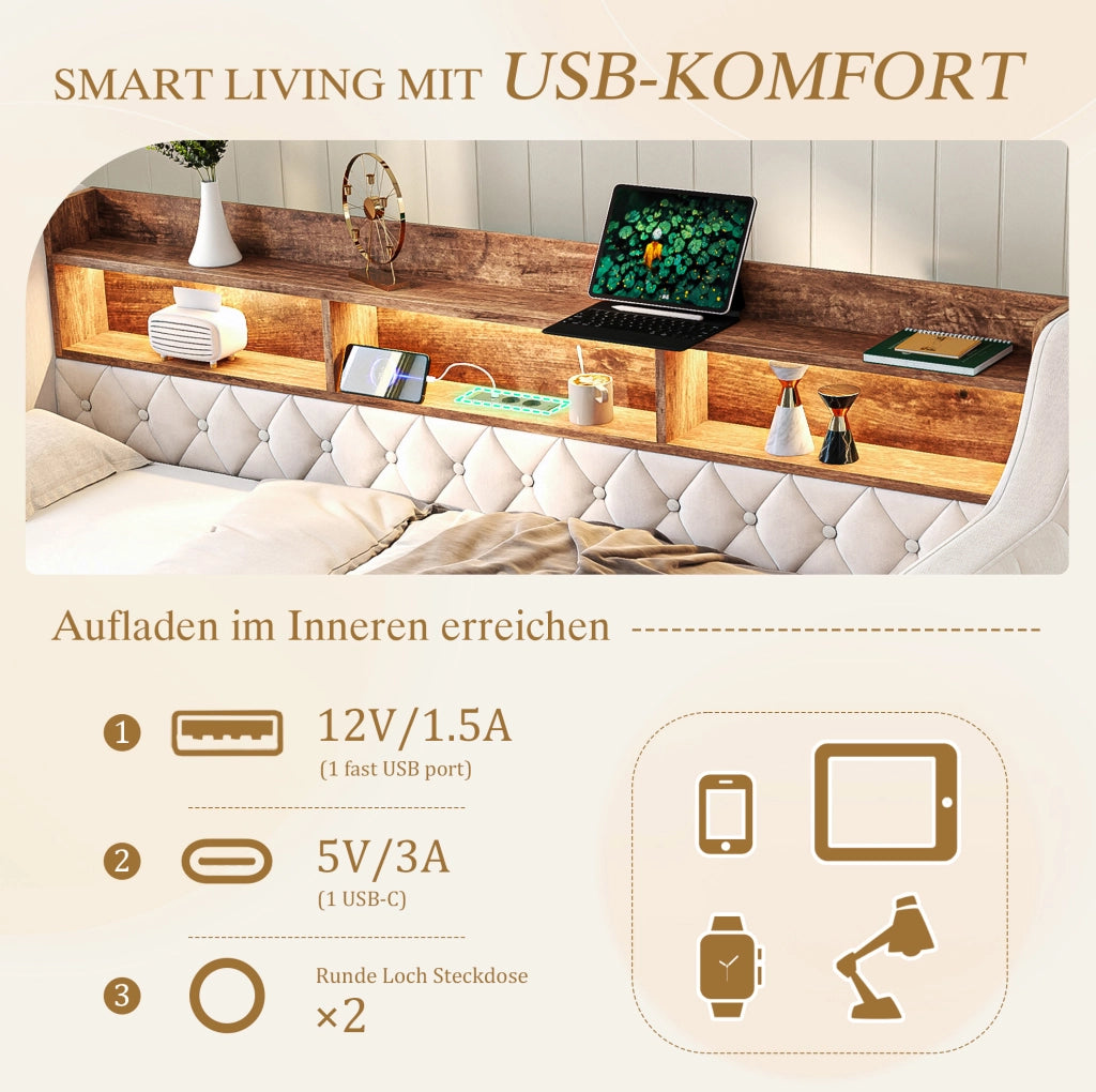 Divano letto estraibile 90x190 cm in velluto beige con LED e USB-C