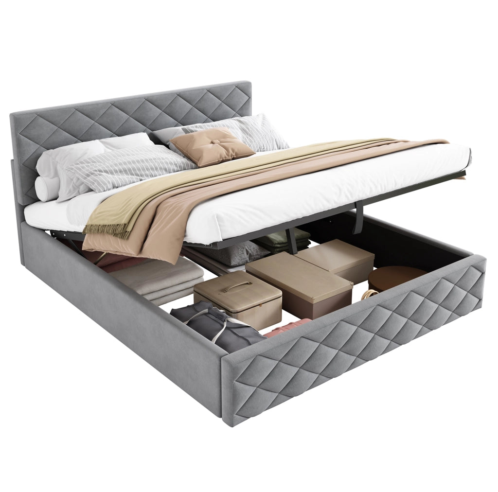 Letto imbottito grigio 140x200 cm con contenitore idraulico