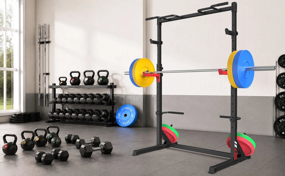 Squat Rack Multifunzione All-in-One e Supporto per Bilanciere con Barre di Sicurezza Antiscivolo, Carico Massimo 300 kg