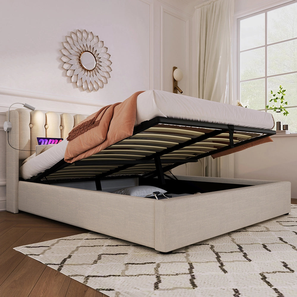 Letto a cassone imbottito - Xylo - 160x200 cm - Beige - Con funzione di carico e due luci da lettura