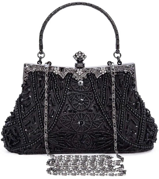 Borsa Clutch Vintage con Perle per Donna con Spalla per Festa Matrimonio e Cene (Nero)