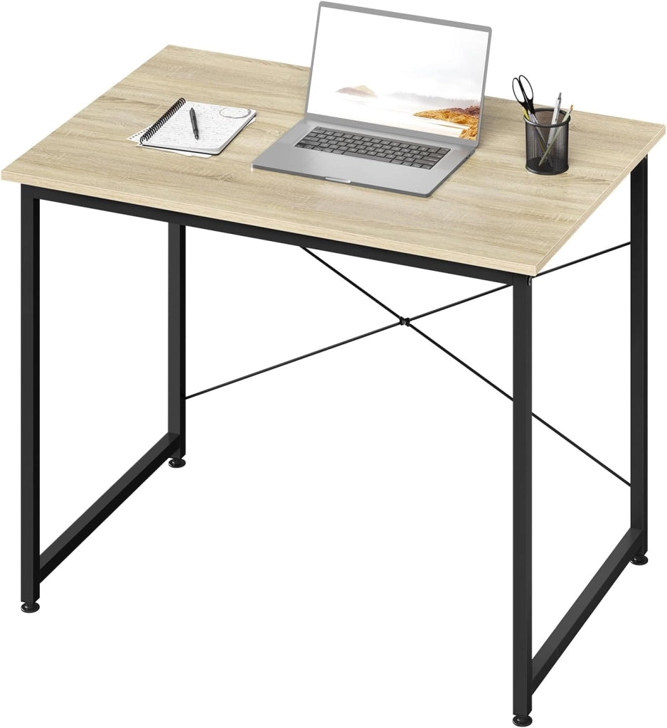 Scrivania Salvaspazio, Tavolo per Computer, Rovere Chiaro + Bianco per Studio, Home Office, Camera da Letto, in Legno e Metallo, 80x60x70 cm