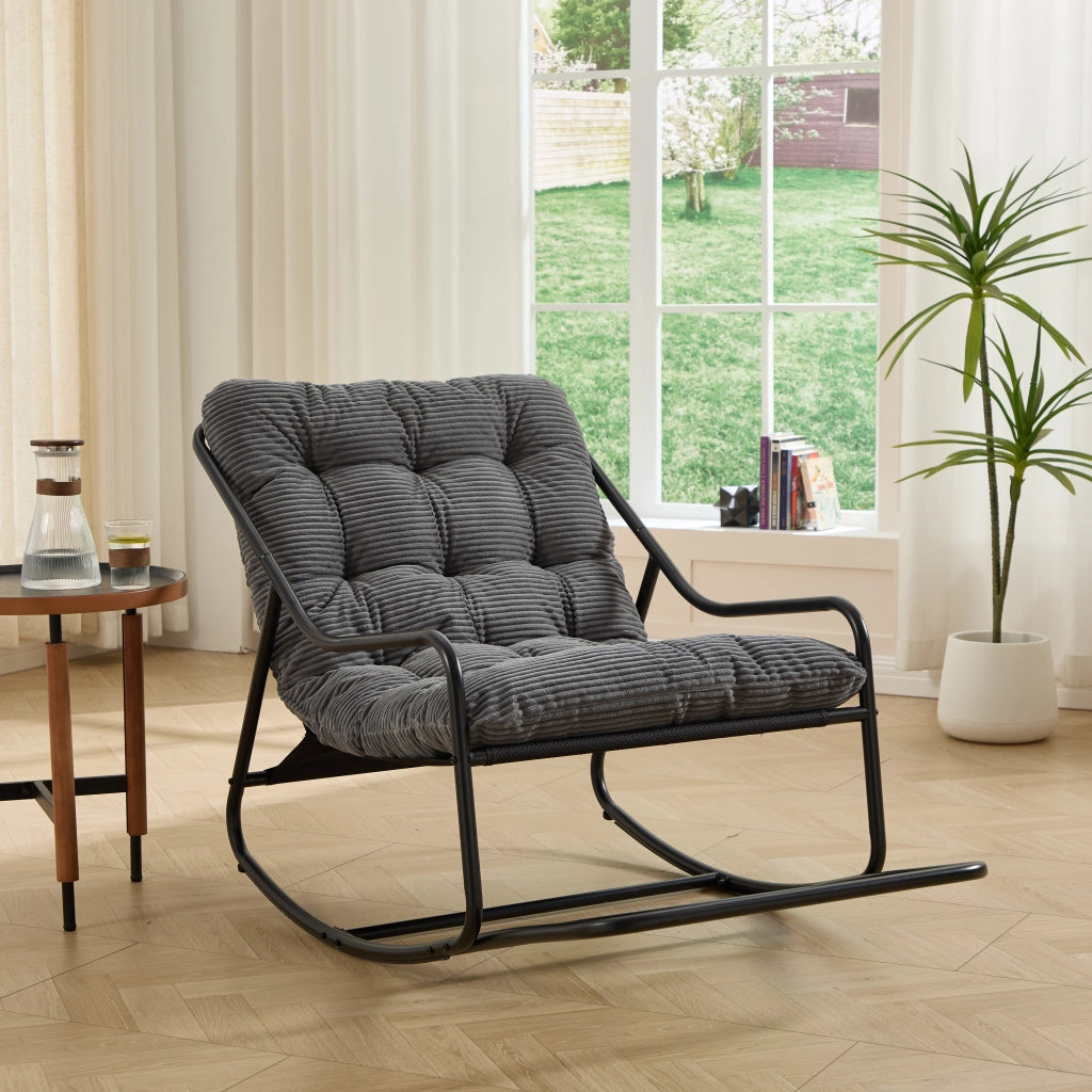 Poltrona da Giardino con Poggiapiedi a Dondolo Regolabile con Cuscino Spesso; senza Braccioli; Acciaio Grigio 75 × 116 × 82 cm