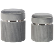 Set di 2 pouf Velluto grigio chiaro Fasce metalliche Glamour Contenitori interni Soggiorno Camera da letto
