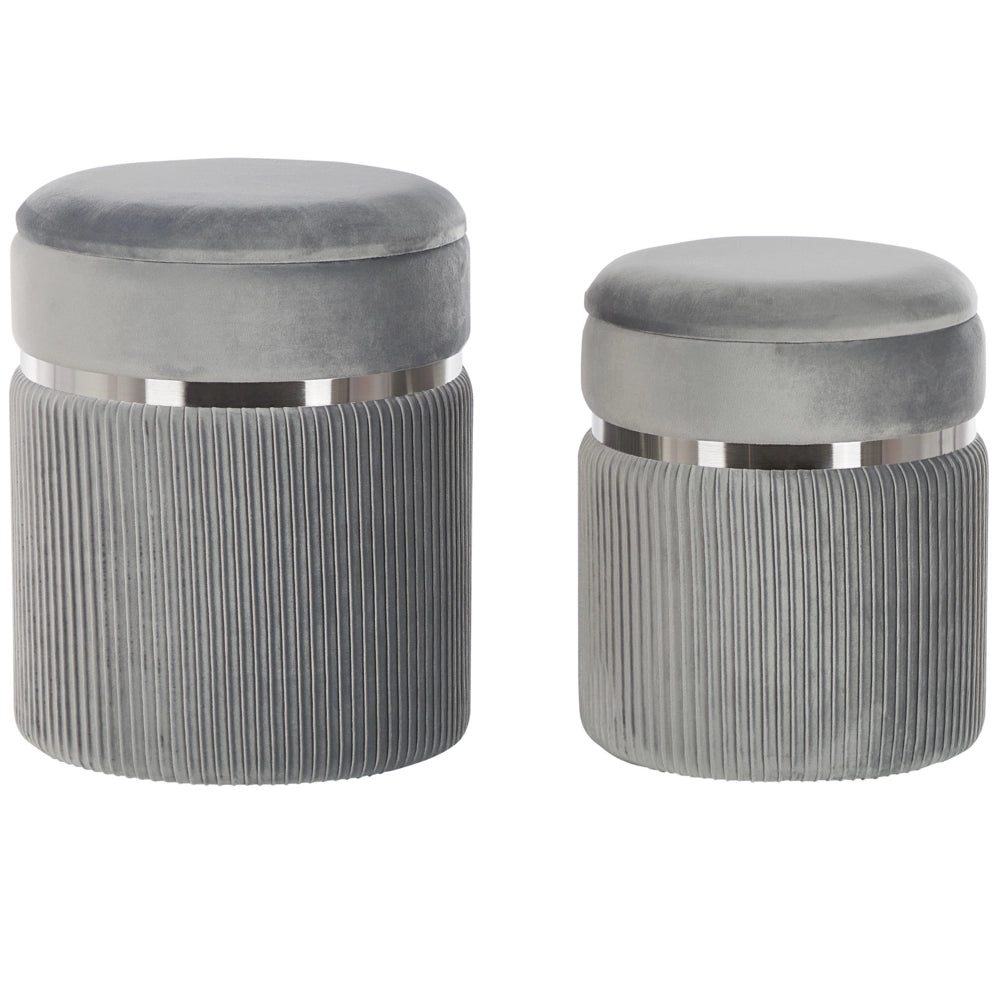 Set di 2 pouf Velluto grigio chiaro Fasce metalliche Glamour Contenitori interni Soggiorno Camera da letto