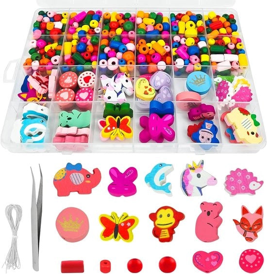 Set di 500 Colore Houten Kralen con Disegno di Animali per DIY Collane, Collari e Progetti Creativi con Elastico e Pincio