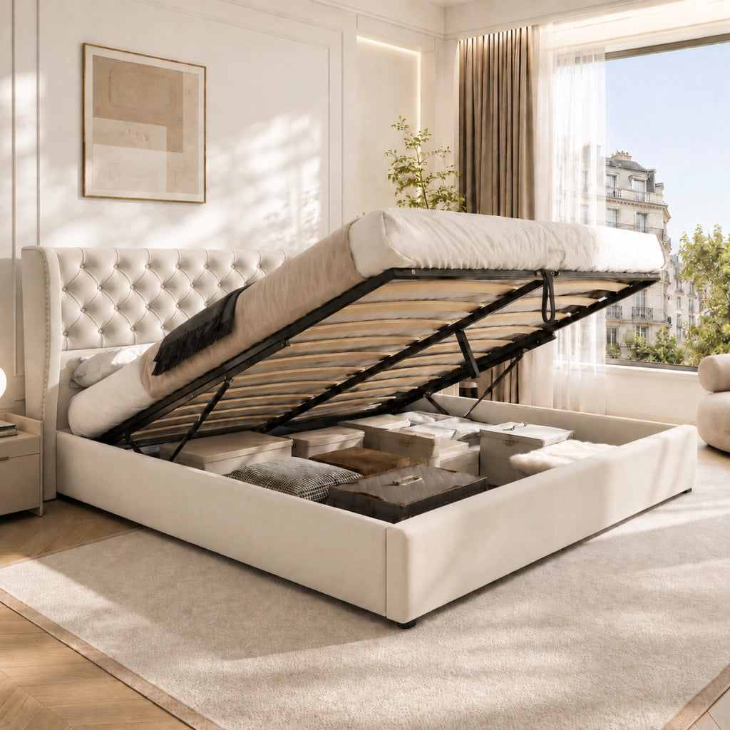 letto imbottito velluto beige 180 x 207 cm