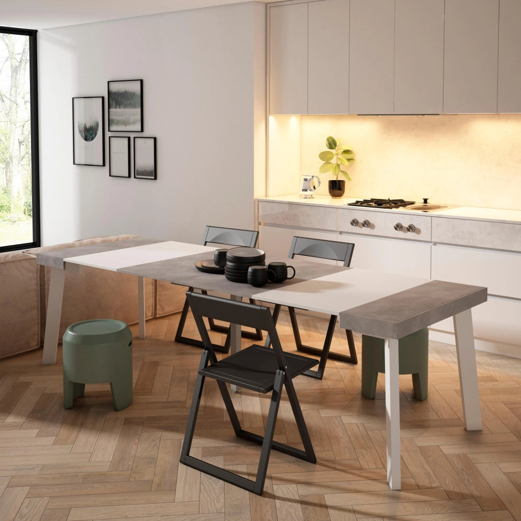 Consolle allungabile, 262x90x73cm, Per 12 persone, Gambe in legno, Bianco e grigio cemento RF3115