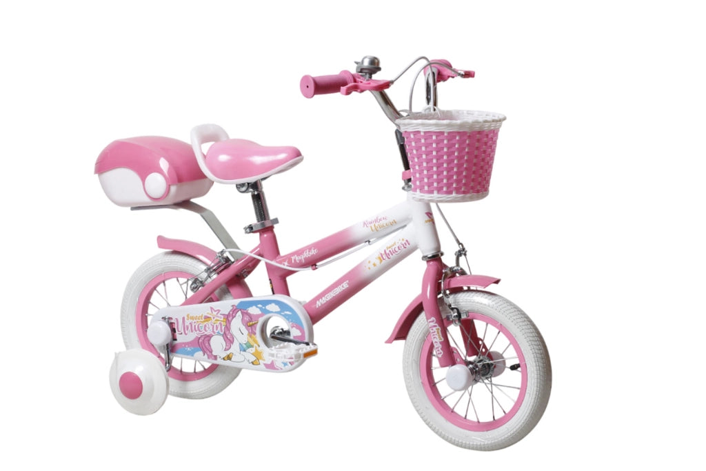 Bicicletta per Bambine Unicorn 12 Pollici con Stabilizzatori Bauletto e Cestino Rosa Rosa