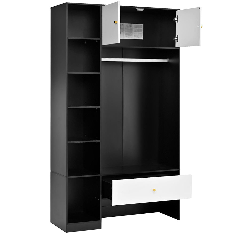 Armadio per ingresso compatto - Xylo - 105x185x40 cm - Bianco e nero - 2 ante, 6 scomparti, appendiabiti, cassetto