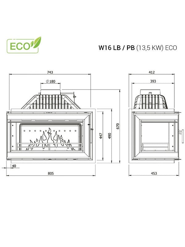 Inserto Stufa A Legna Apertura Destra - W16 (13,5 KW) ECO