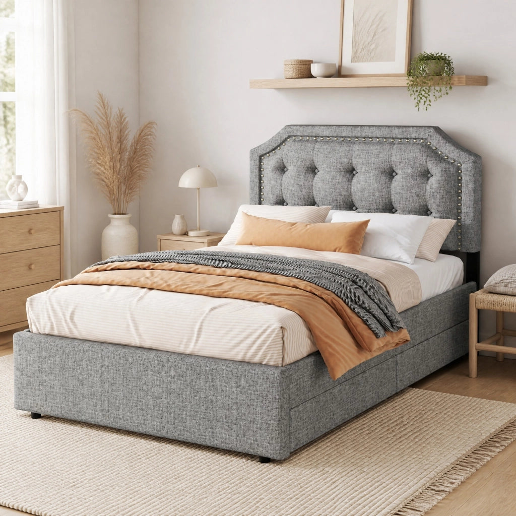 LETTO imbottito 90x200 cm Grigio con 2 cassetti